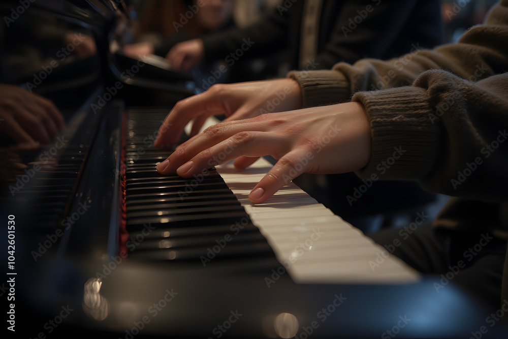Fototapeta premium Hands gracefully playing piano keys in cozy ambiance