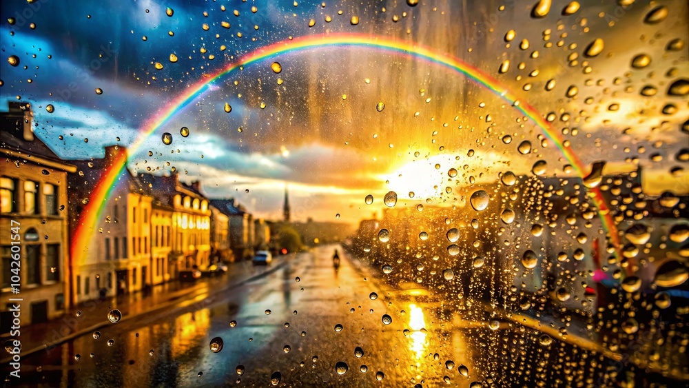 Obraz premium A vibrant rainbow arcs across a rainy cityscape, as seen through a window covered in water droplets, reflecting the golden glow of the setting sun.
