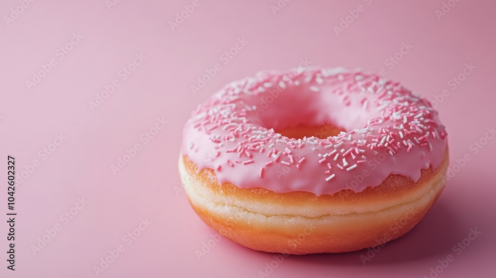 A pink frosted donut with sprinkles on a soft pink background. A pink frosted donut with sprinkles on a soft pink background.