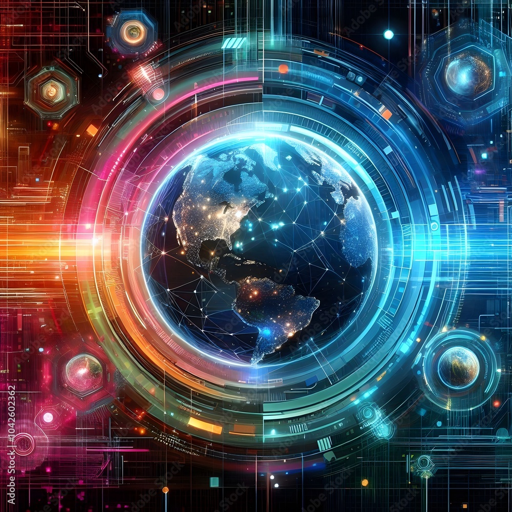 Obraz premium Digital Radiance: The Future of Connectivity This image showcases a radiant, futuristic Earth enveloped by dynamic neon light waves and digital elements, symbolizing global connectivity. 