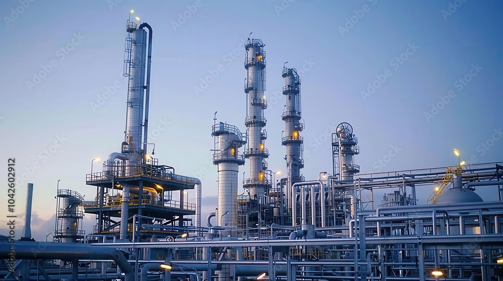 Towering Industrial Refinery Complex at Dusk Towering Industrial Refinery Complex at Dusk