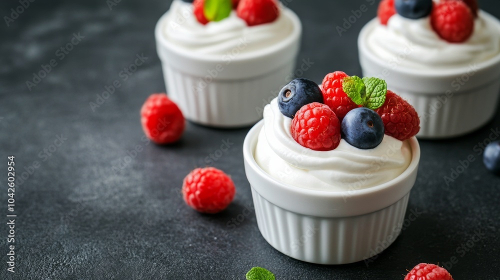 Fresh Berries and Yogurt in Small Bowls Fresh Berries and Yogurt in Small Bowls
