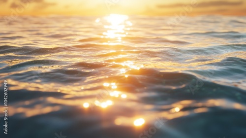 A serene view of sunlight reflecting on ocean waves at sunset.