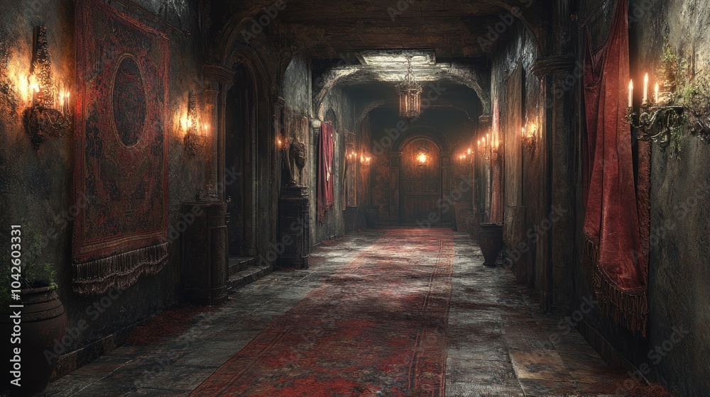 Fototapeta premium Dimly lit, ornate corridor with rich tapestries and flickering candles.