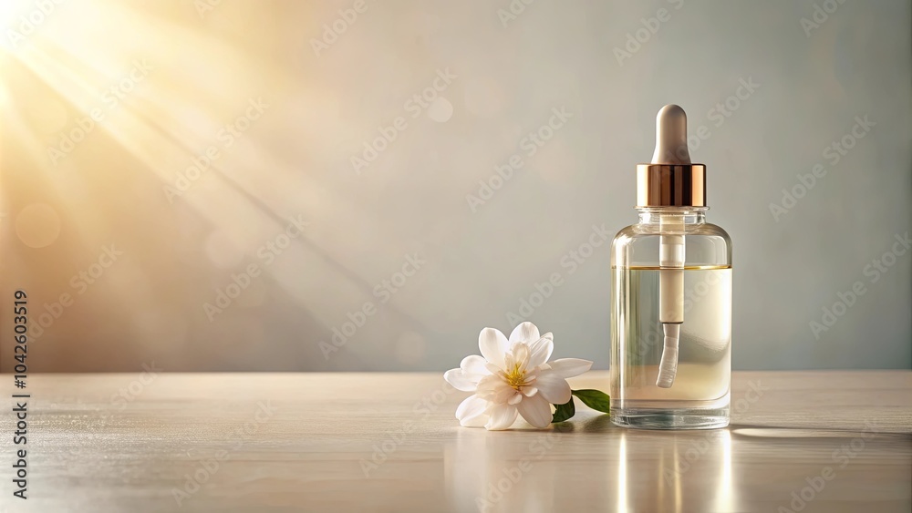 Golden Hour Glow A Glass Dropper Bottle Filled With Aromatic Oil, Adorned With A Delicate White Flower, Bathed In Warm Sunlight On A Smooth Wooden Surface.