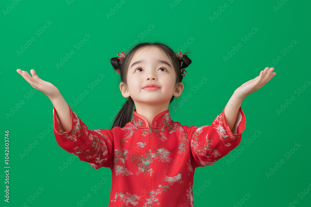 Smiling Chinese Girl in Traditional Red Dress on Green Background , concept Happy New Year , space for text Smiling Chinese Girl in Traditional Red Dress on Green Background , concept Happy New Year , space for text