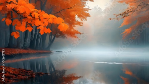 Tranquil autumn river scene with orange leaves, fog and reflections. photo