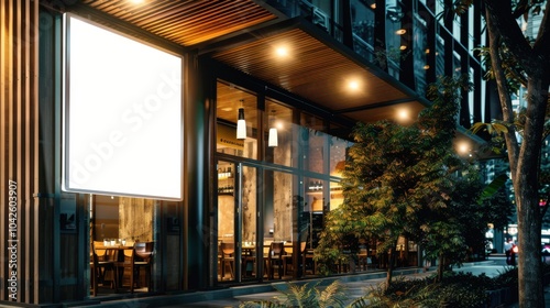 Modern urban restaurant exterior with illuminated signage and glass windows at night