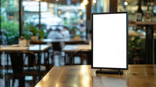 Empty vertical sign holder on a wooden table in a café setting with blurred background