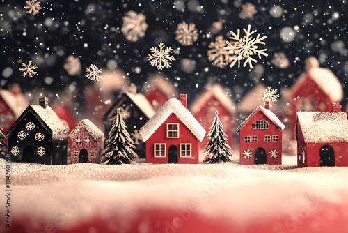 Snowflakes falling over a red and black Christmas village, 3D illustration