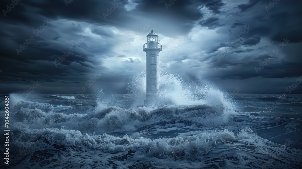 Towering Lighthouse Over Stormy Sea Waves Towering Lighthouse Over Stormy Sea Waves
