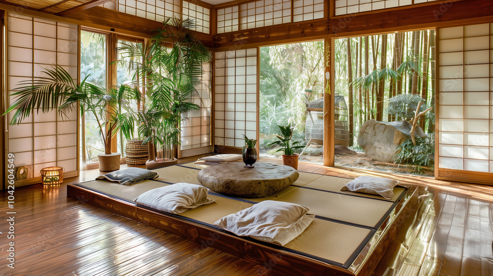 Fototapeta premium Zen-style living room with a low Japanese futon, bamboo flooring, a stone coffee table, and indoor plants near sliding shoji screen windows. interior design concept
