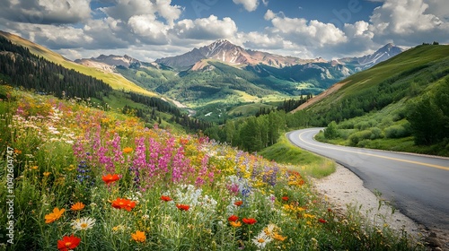 Scenic mountain pass with winding road framed by colorful wildflowers and towering peaks creating a breathtaking drive