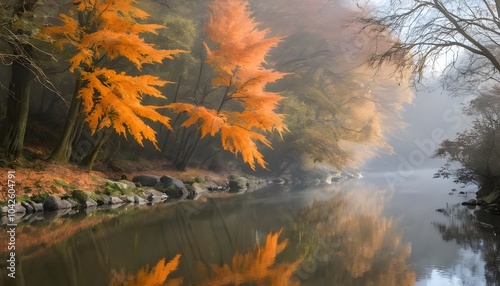 Tranquil autumn river scene with orange leaves, fog and reflections photo