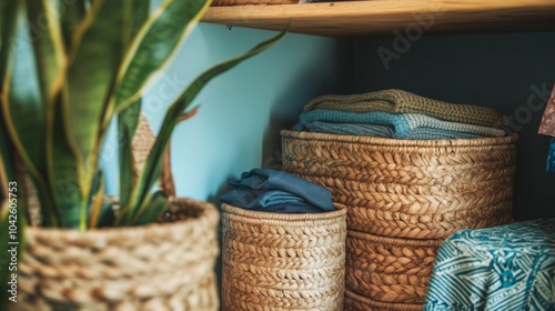 Organized Closet with Natural Aesthetics and Woven Baskets photo