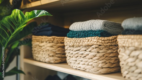 Organized Closet with Natural Aesthetics and Woven Baskets photo