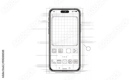 A wireframe of a smartphone with a blank screen and app icons.