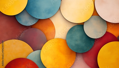 A vibrant abstract composition featuring overlapping colored circles in shades of blue, yellow, and orange against a textured background.