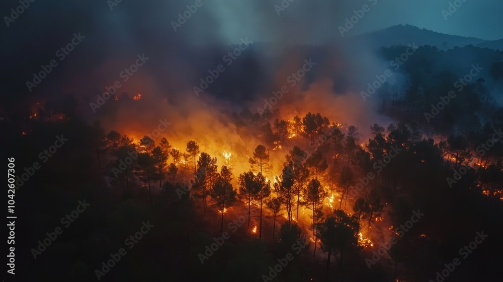 Naklejka premium Aerial view of a forest fire engulfing trees, emitting smoke and flames.
