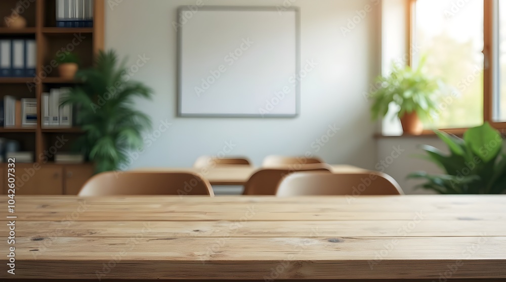 Empty Wood table with blurred office room background, Generated Ai Empty Wood table with blurred office room background, Generated Ai