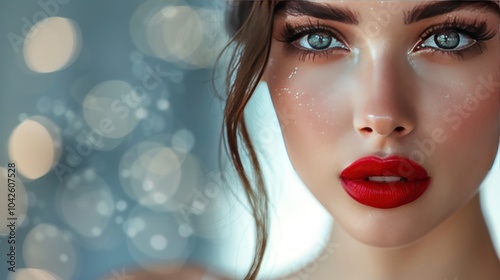 A close-up portrait of a model with flawless makeup and bold red lipstick, her eyes gazing directly into the camera. The soft-focus background and dramatic lighting highlight her striking beauty. photo