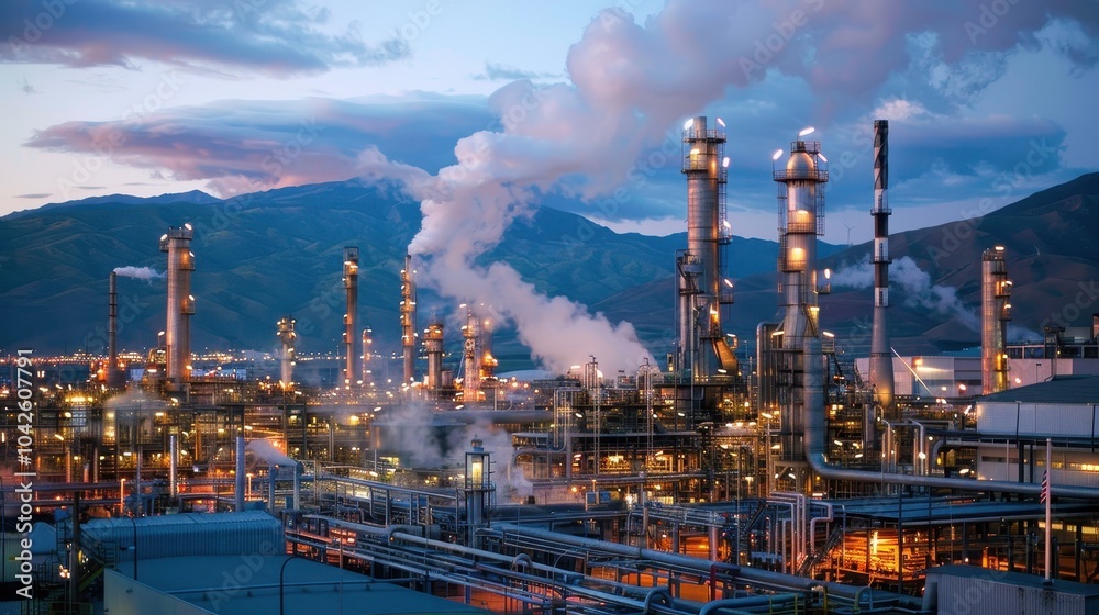 Panoramic View of Refinery Operations at Dusk Panoramic View of Refinery Operations at Dusk