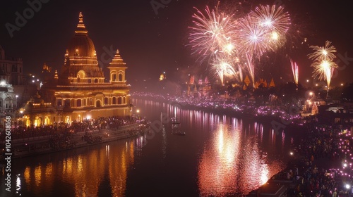 Colorful Festival Celebration with Fireworks at Night