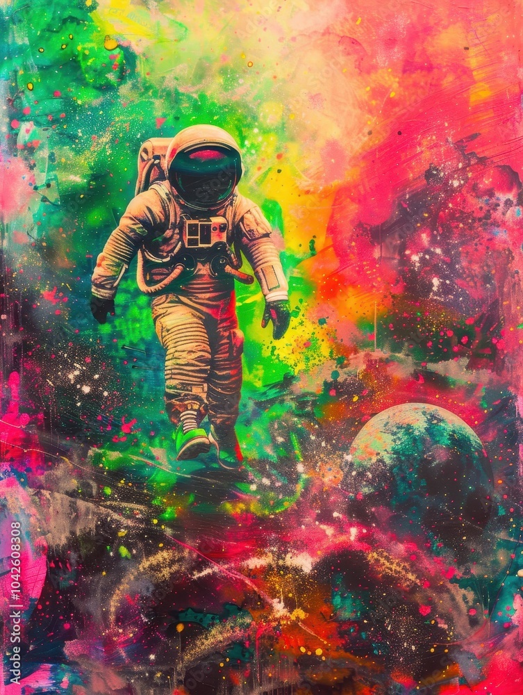 Fototapeta premium Colorful Psychedelic Spaceman Drifting in Cosmic Realm