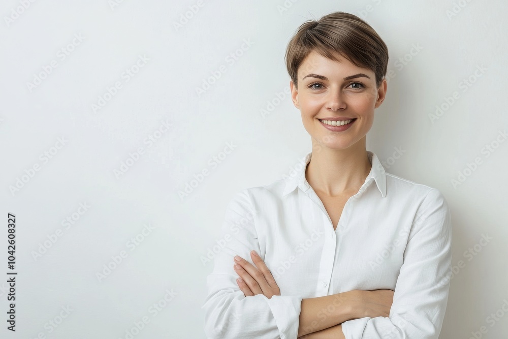 A young woman with short brown hair smiles confidently with her arms crossed in front of a white background. A young woman with short brown hair smiles confidently with her arms crossed in front of a white background.