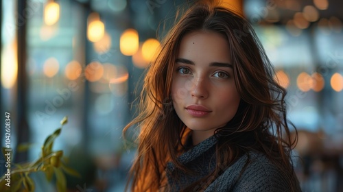 A high-definition portrait of a woman in a stylish, modern setting, with expertly balanced lighting and post-processing that enhances the sharpness and clarity, giving the image a sleek, refined look.