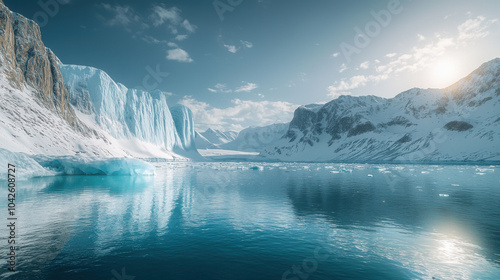 Arctic Landscape with Snowy Mountains and Icebergs