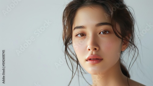 A minimalist beauty portrait of a woman with natural, glowing skin and subtle makeup, standing against a plain white background. The focus is entirely on her fresh, radiant complexion.