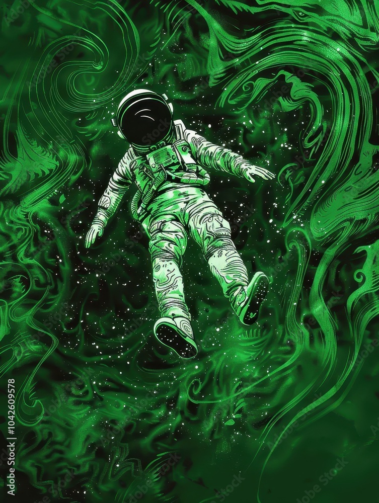 Fototapeta premium Psychedelic Green Spaceman Floating in Universe