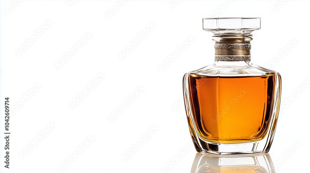 whiskey bottle filled with brown brandy or scotch on white background. whiskey bottle filled with brown brandy or scotch on white background.