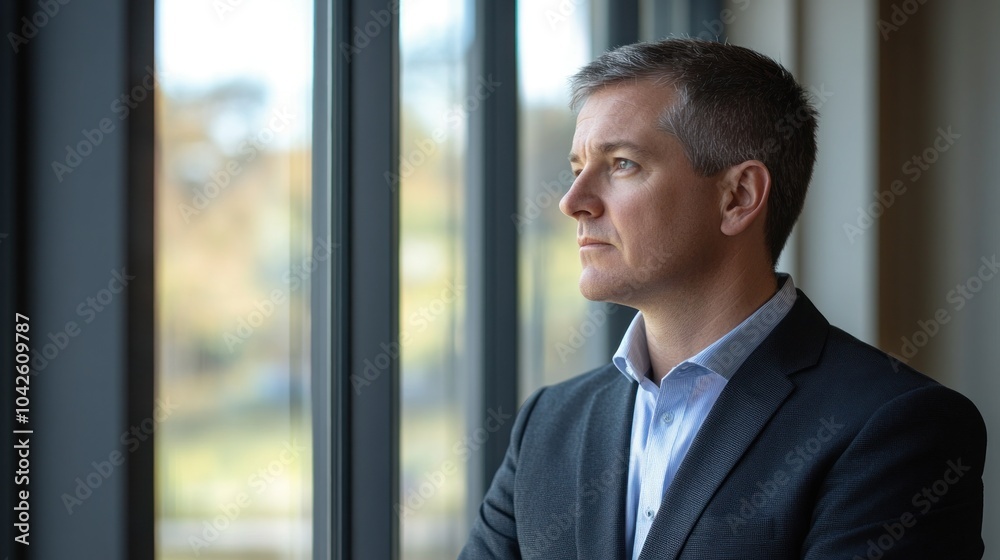 A man in a suit gazes thoughtfully out of a window, reflecting on his surroundings. A man in a suit gazes thoughtfully out of a window, reflecting on his surroundings.