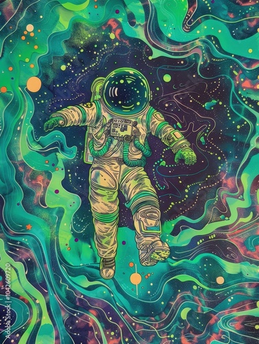 Psychedelic Spaceman in Vibrant Cosmic Background