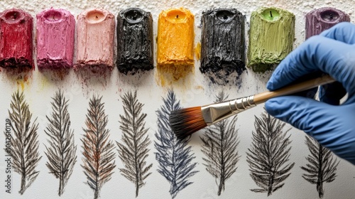 Cultural Brushwork Close-Up of Blue-Gloved Hand Arranging Kwanzaa Symbols with Vibrant Candles photo