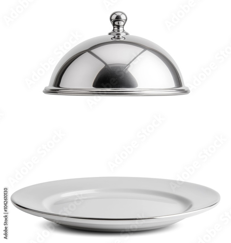 Elegant silver dome above a white plate, showcasing a fine dining presentation in a restaurant isolated on transparent background.