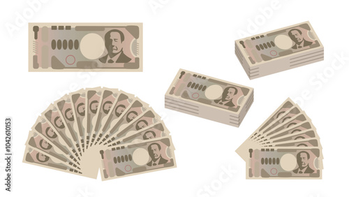 new 10000 Japanese Yen banknote set, fan-shaped, bundle of bills, wad