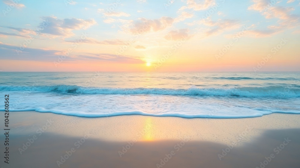 Obraz premium Serene beach at sunset with gentle waves and a colorful sky.