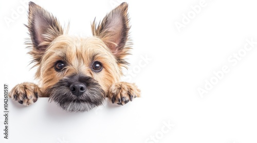 A cute dog with perked ears peeking over a white surface, showcasing its playful nature.