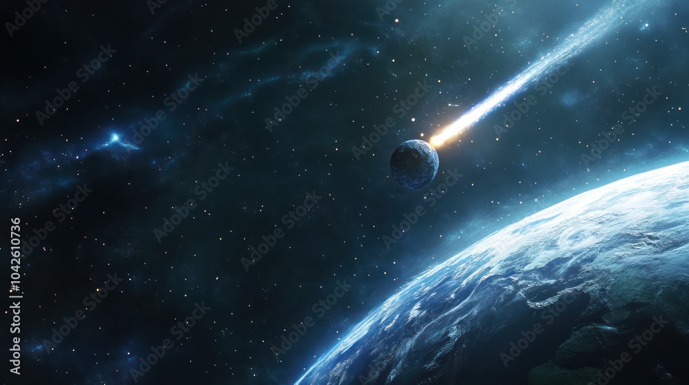 A comet passing close to Earth, highly detailed surface textures of both celestial bodies, vibrant space colors, natural lighting effects. A comet passing close to Earth, highly detailed surface textures of both celestial bodies, vibrant space colors, natural lighting effects.