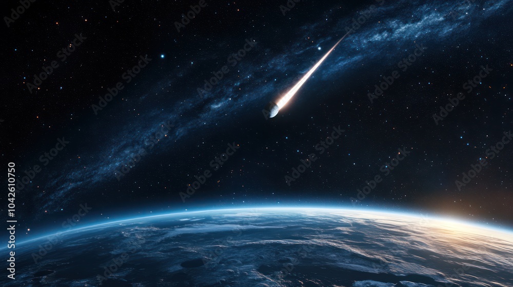 Fototapeta premium A comet passing close to Earth, highly detailed surface textures of both celestial bodies, vibrant space colors, natural lighting effects.