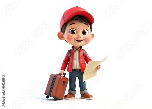 3d happy cartoon boy with a suitcase and map preparing for traveling on white background