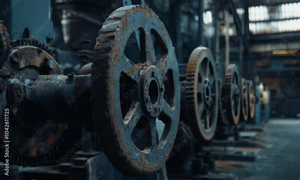 Rusty industrial gears in an abandoned factory setting, highlighting decay and machinery. Rusty industrial gears in an abandoned factory setting, highlighting decay and machinery.