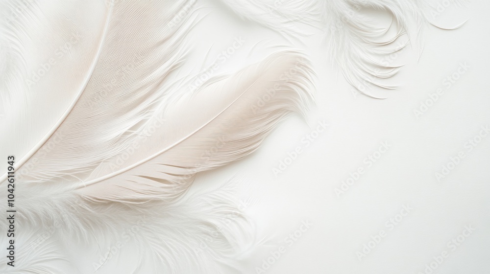 Fototapeta premium Soft, delicate feathers arranged on a light background, creating a serene and elegant aesthetic.