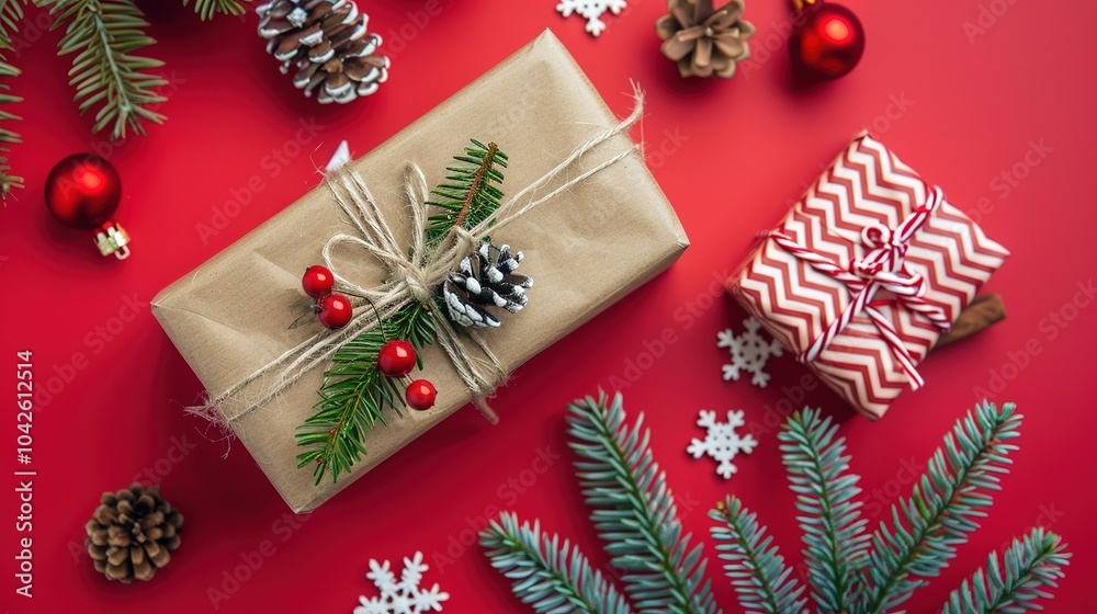 Christmas decoration on red background - a festive and vivid sight. This image presents beautiful Christmas decorations against a bright red backdrop, exuding holiday spirit and charm. Christmas decoration on red background - a festive and vivid sight. This image presents beautiful Christmas decorations against a bright red backdrop, exuding holiday spirit and charm.