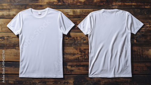 Blank shirt mock up template, front and back view, plain white t-shirt with wood plank background. Tee design mockup presentation for print