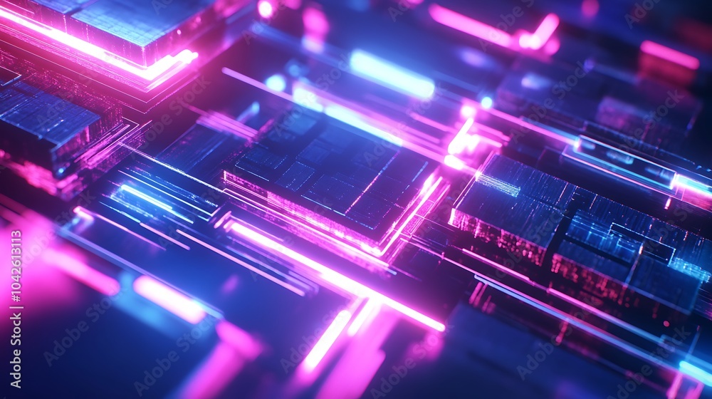 A vibrant, abstract representation of digital circuits featuring glowing neon lights in blue and pink hues. A vibrant, abstract representation of digital circuits featuring glowing neon lights in blue and pink hues.