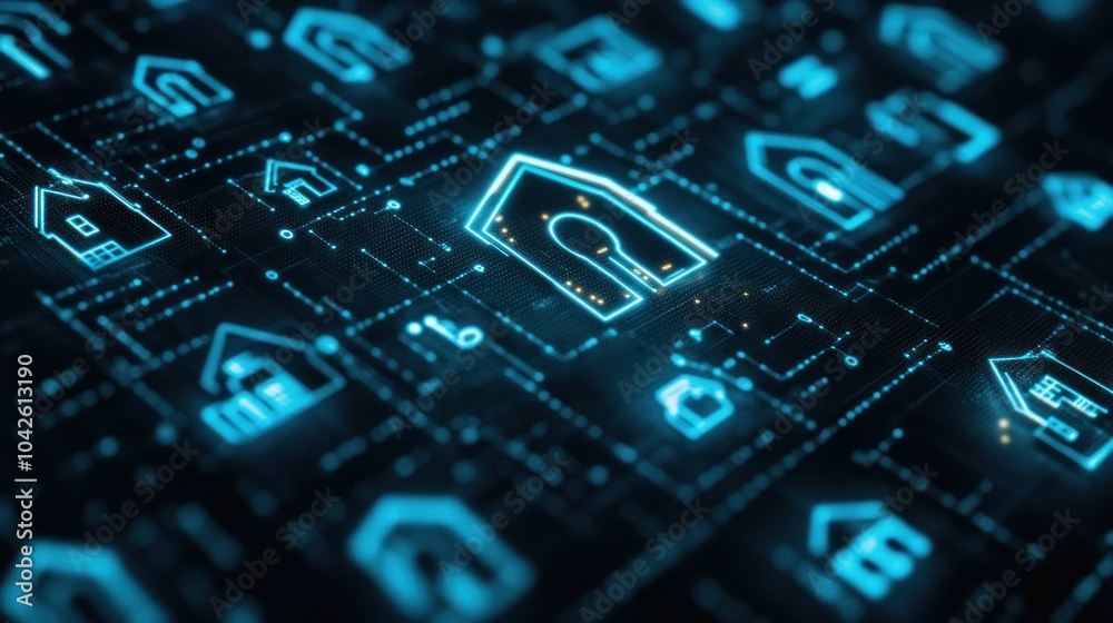 A digital grid featuring glowing house icons, symbolizing smart home technology. A digital grid featuring glowing house icons, symbolizing smart home technology.